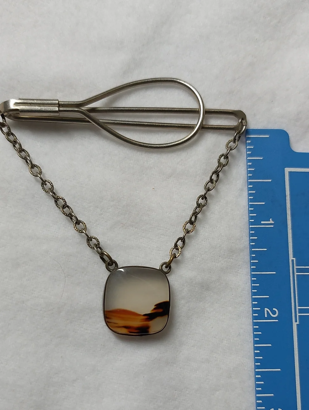 Vintage Estate Mid Century Scenic Moss Agate Loop Tie Bar Pendant Retro Unmarked